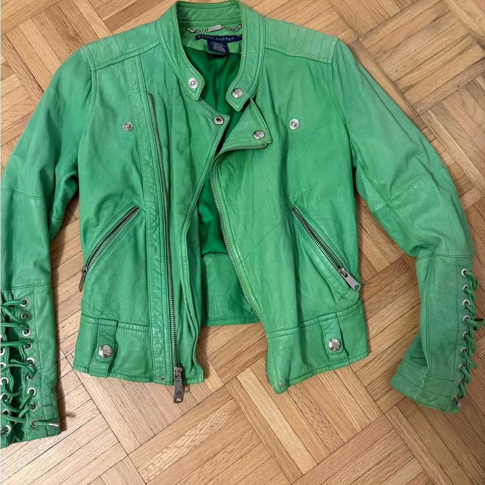 Vintage Ralph Lauren Bright Green Leather Jacket size S